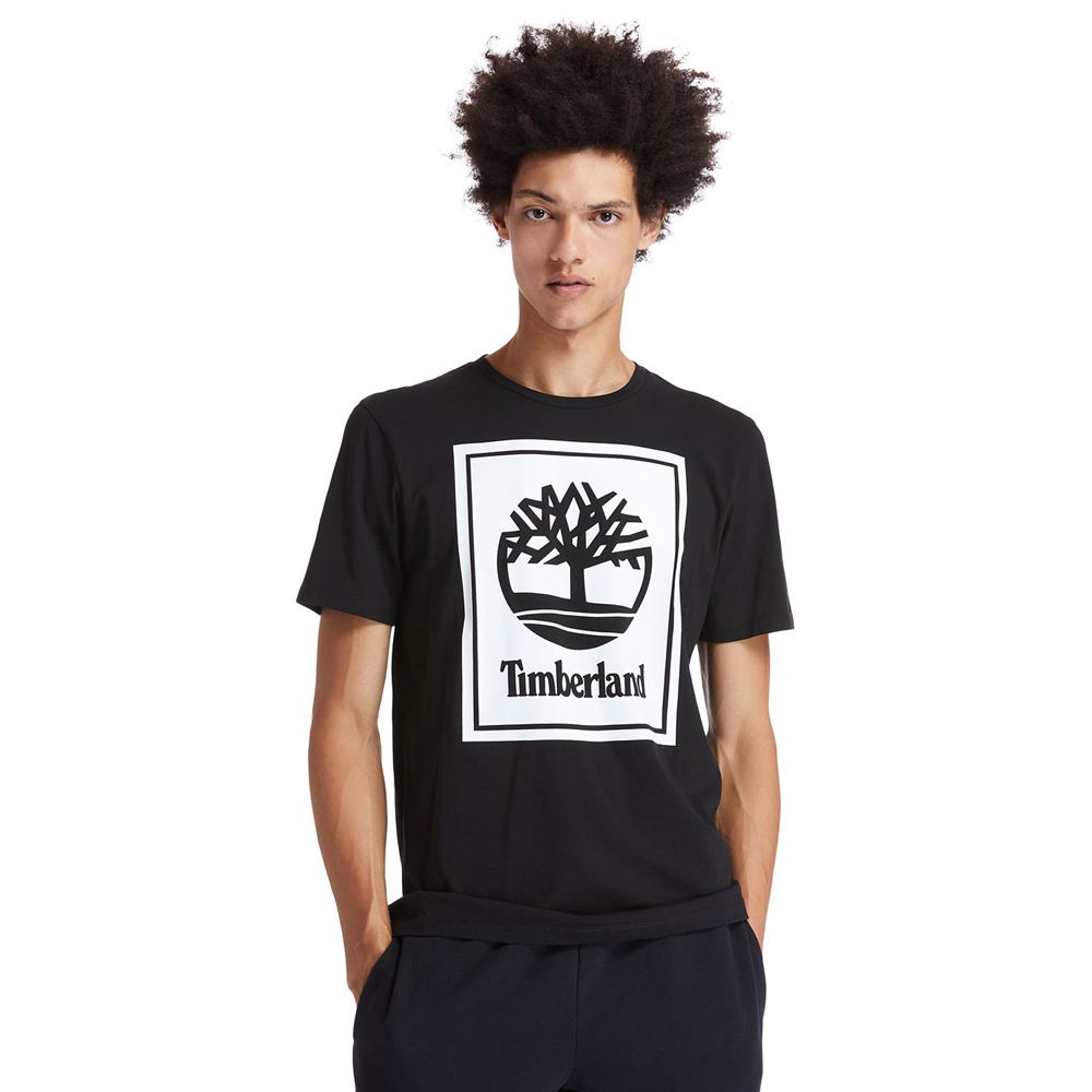 Tricouri Timberland Barbati Negrii/Albi - Short-Sleeve Logo - Romania - OISGAJ658